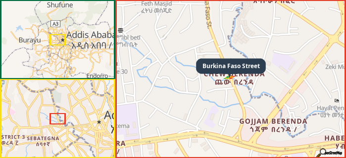 Map showing the address of Burkina Faso Street in three different zoom levels.