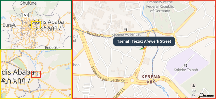 Map showing the address of Tsehafi Tiezaz Afewerk Street in three different zoom levels.