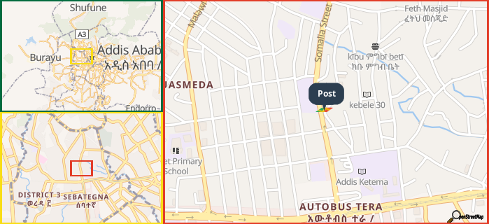 Map showing the address of Post in three different zoom levels.