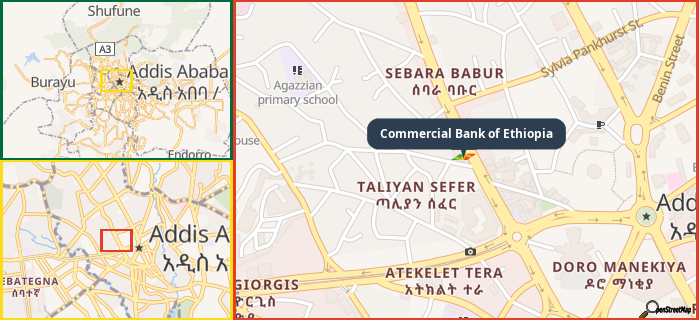 Map showing the address of Commercial Bank of Ethiopia in three different zoom levels.