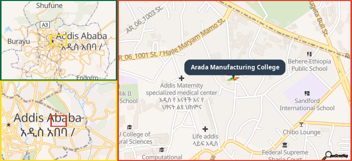 Map showing the address of Arada Manufacturing College in three different zoom levels.