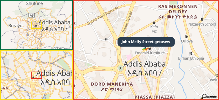 Map showing the address of John Melly Street getasew in three different zoom levels.