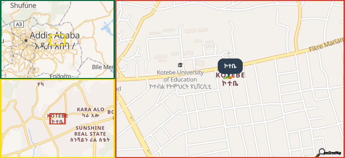 Map showing the address of ኮተቤ in three different zoom levels.