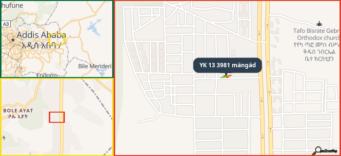 Map showing the address of YK 13 3981 mängäd in three different zoom levels.