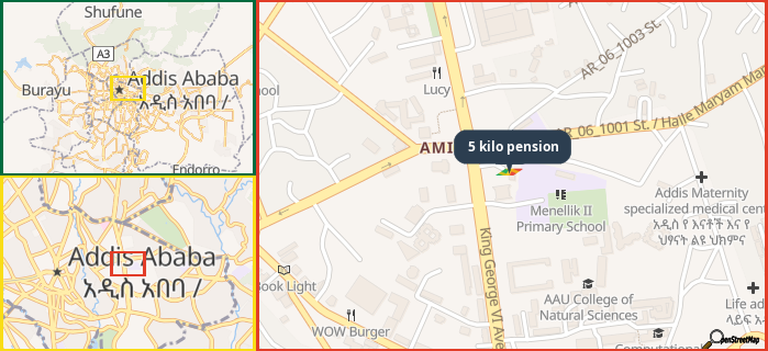 Map showing the address of 5 kilo pension in three different zoom levels.