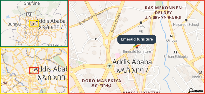 Map showing the address of Emerald furniture in three different zoom levels.