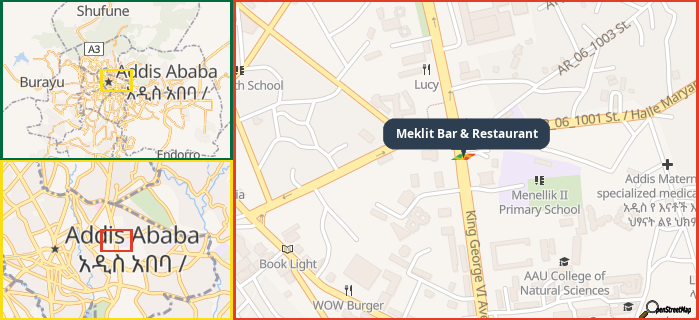 Map showing the address of Meklit Bar & Restaurant in three different zoom levels.