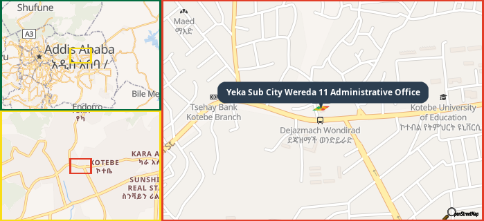 Map showing the address of Yeka Sub City Wereda 11 Administrative Office in three different zoom levels.