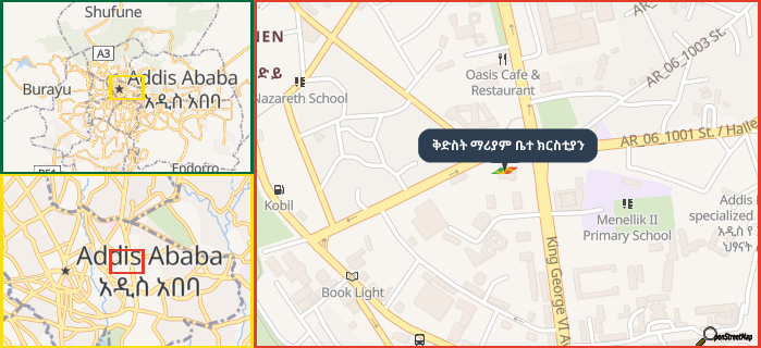 Map showing the address of ቅድስት ማሪያም ቤተ ክርስቲያን in three different zoom levels.