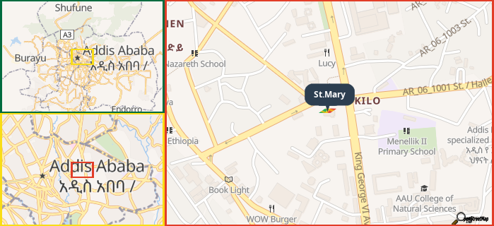 Map showing the address of St.Mary in three different zoom levels.