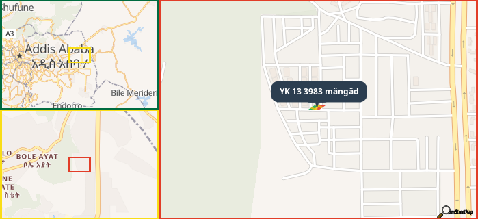 Map showing the address of YK 13 3983 mängäd in three different zoom levels.