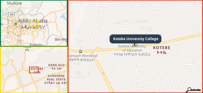 Map showing the address of Kotebe University College in three different zoom levels.