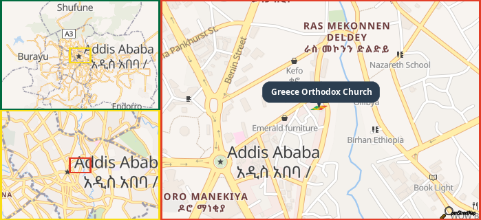 Map showing the address of Greece Orthodox Church in three different zoom levels.