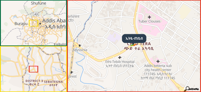 Map showing the address of ኢትዬ-ጠቢብ in three different zoom levels.