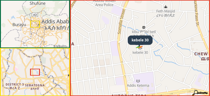 Map showing the address of kebele 30 in three different zoom levels.