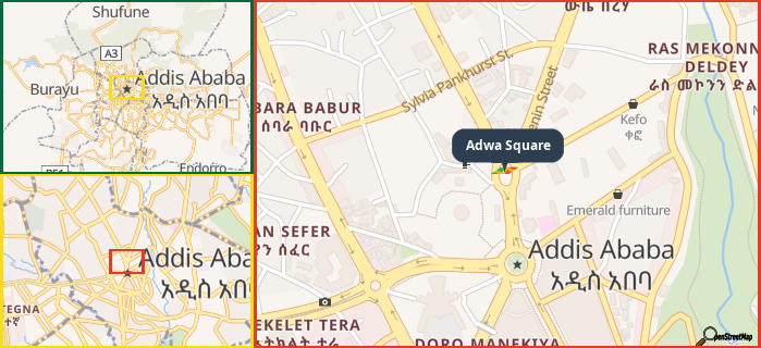 Map showing the address of Adwa Square in three different zoom levels.