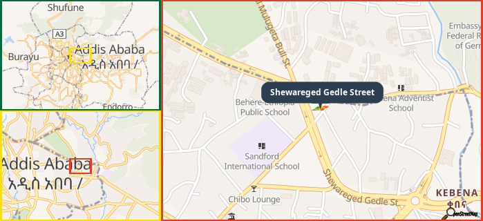 Map showing the address of Shewareged Gedle Street in three different zoom levels.