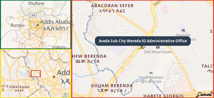 Map showing the address of Arada Sub City Wereda 02 Administrative Office in three different zoom levels.