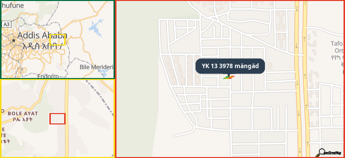 Map showing the address of YK 13 3978 mängäd in three different zoom levels.