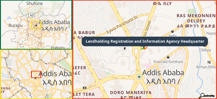 Map showing the address of Landholding Registration and Information Agency Headquarter in three different zoom levels.