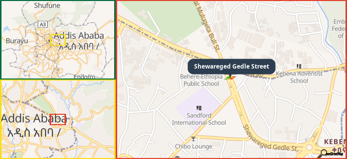 Map showing the address of Shewareged Gedle Street in three different zoom levels.