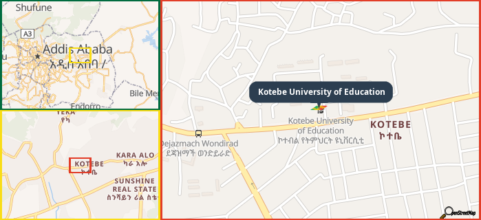 Map showing the address of Kotebe University of Education in three different zoom levels.