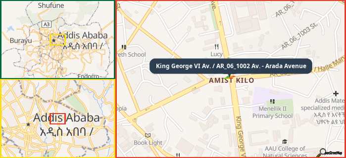 Map showing the address of King George VI Av. / AR_06_1002 Av. - Arada Avenue in three different zoom levels.