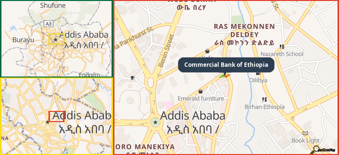 Map showing the address of Commercial Bank of Ethiopia in three different zoom levels.