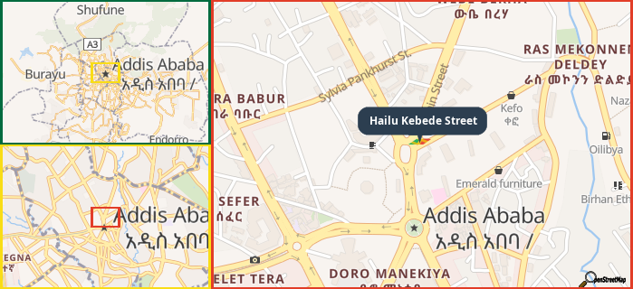 Map showing the address of Hailu Kebede Street in three different zoom levels.