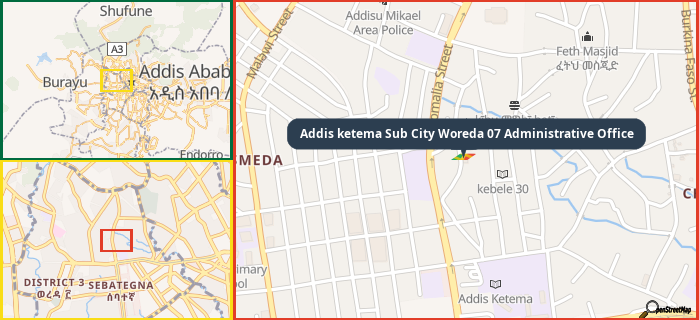 Map showing the address of Addis ketema Sub City Woreda 07 Administrative Office in three different zoom levels.