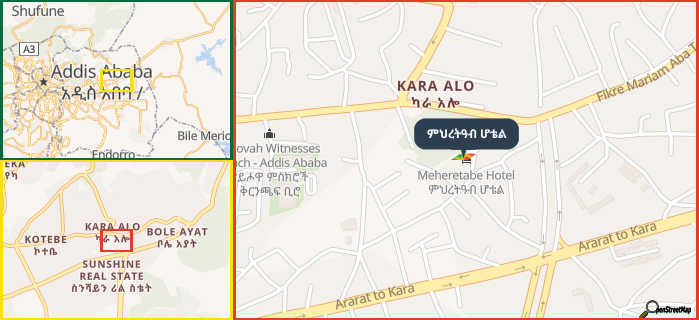 Map showing the address of ምህረትዓብ ሆቴል in three different zoom levels.