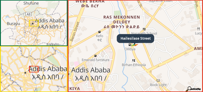 Map showing the address of Hailesilase Street in three different zoom levels.