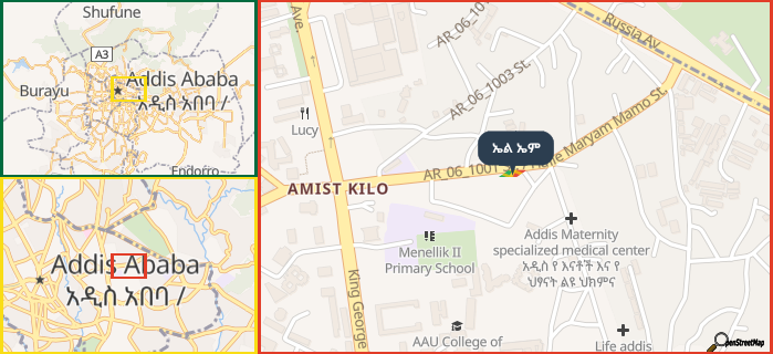 Map showing the address of ኤል ኤም in three different zoom levels.
