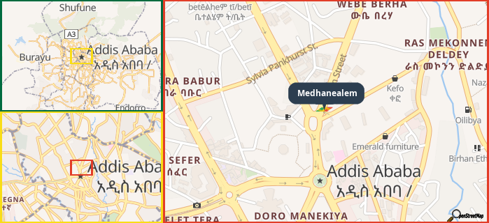 Map showing the address of Medhanealem in three different zoom levels.