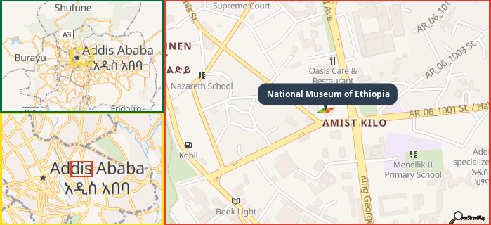 Map showing the address of National Museum of Ethiopia in three different zoom levels.