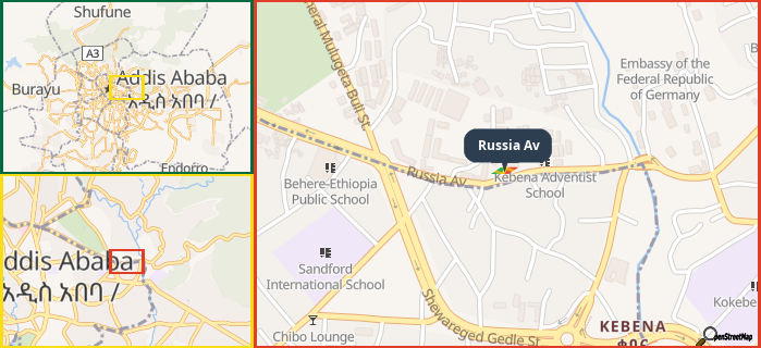 Map showing the address of Russia Av in three different zoom levels.