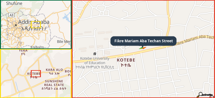 Map showing the address of Fikre Mariam Aba Techan Street in three different zoom levels.