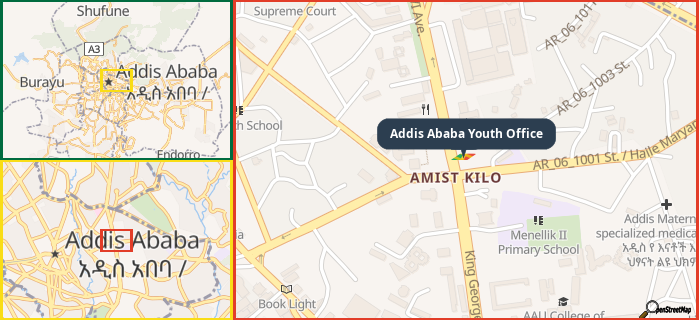 Map showing the address of Addis Ababa Youth Office in three different zoom levels.