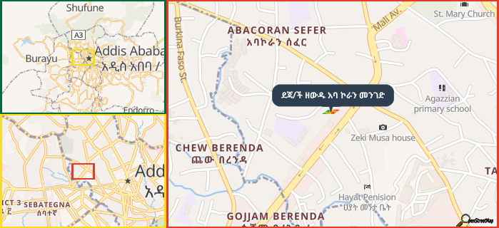 Map showing the address of ደጃ/ች ዘውዱ አባ ኮራን መንገድ in three different zoom levels.