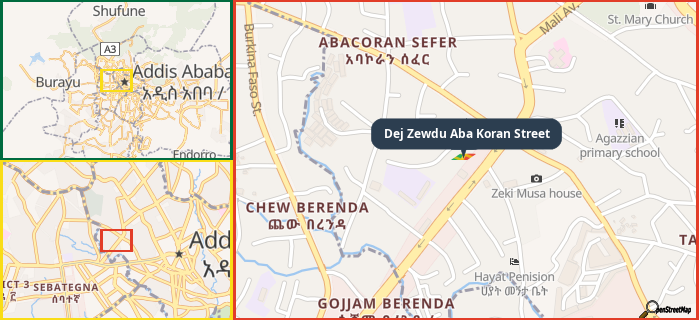 Map showing the address of Dej Zewdu Aba Koran Street in three different zoom levels.