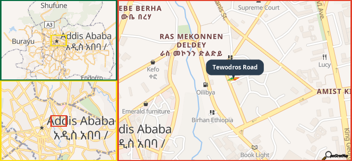 Map showing the address of Tewodros Road in three different zoom levels.