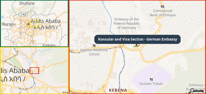 Map showing the address of Konsular and Visa Section - German Embassy in three different zoom levels.