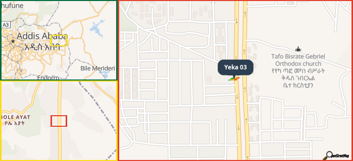 Map showing the address of Yeka 03 in three different zoom levels.