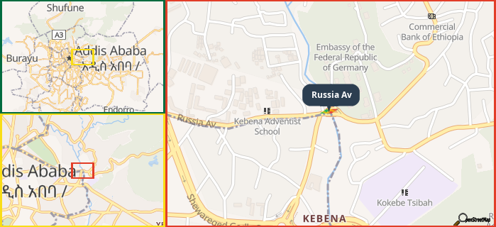 Map showing the address of Russia Av in three different zoom levels.