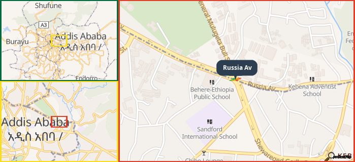 Map showing the address of Russia Av in three different zoom levels.