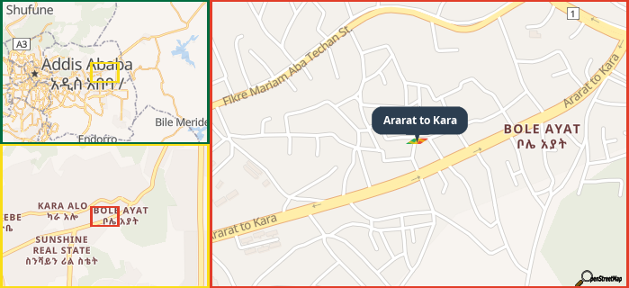 Map showing the address of Ararat to Kara in three different zoom levels.