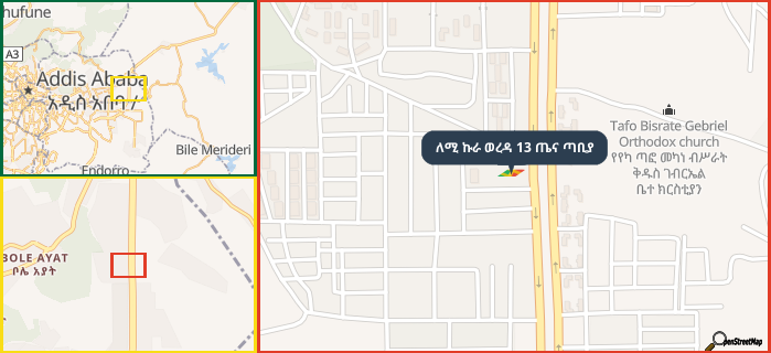 Map showing the address of ለሚ ኩራ ወረዳ 13 ጤና ጣቢያ in three different zoom levels.