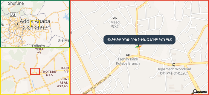 Map showing the address of የኢትዮጵያ ንግድ ባንክ ኮተቤ ወልገሞ ቅርንጫፍ in three different zoom levels.