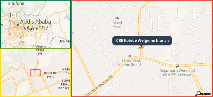 Map showing the address of CBE Kotebe Welgemo branch in three different zoom levels.