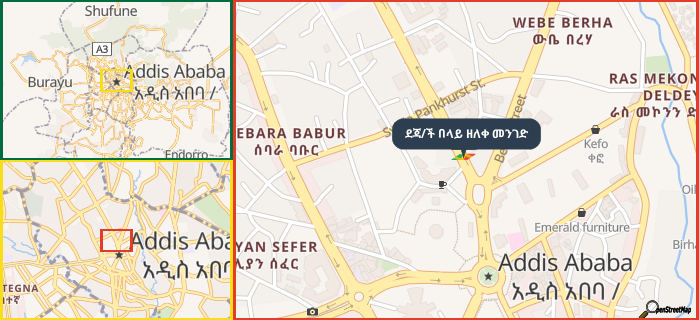 Map showing the address of ደጃ/ች በላይ ዘለቀ መንገድ in three different zoom levels.